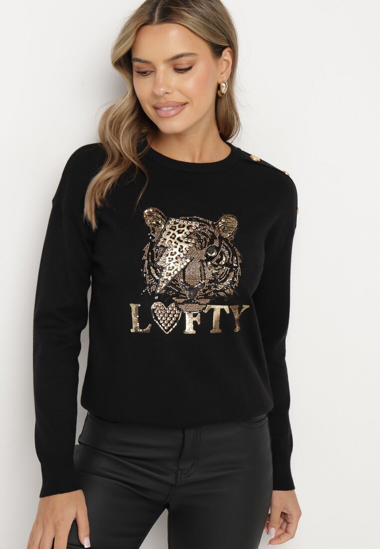 elsa.m by may Pulover Negru cu Viscoză Decorat cu text și aplicație cu Zirconii Liliran