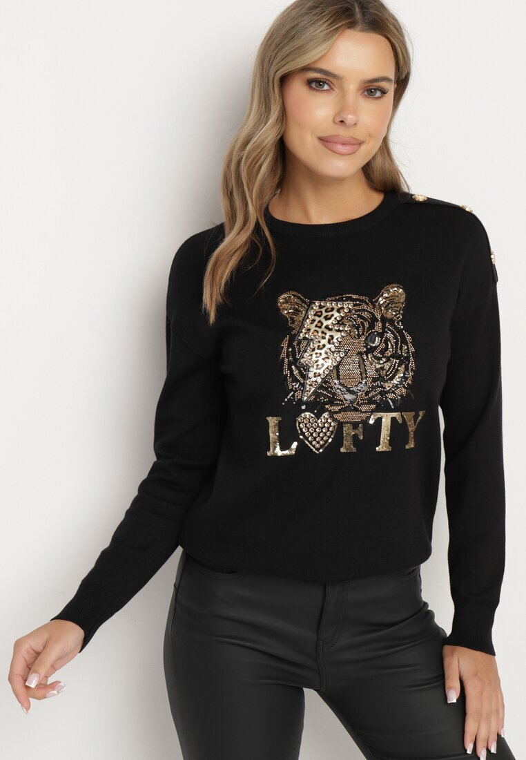 elsa.m by may Pulover Negru cu Viscoză Decorat cu text și aplicație cu Zirconii Liliran