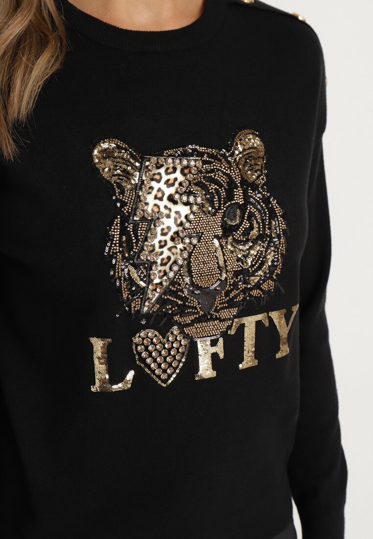 elsa.m by may Pulover Negru cu Viscoză Decorat cu text și aplicație cu Zirconii Liliran