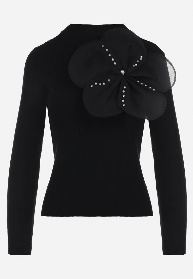 elsa.m by may Pulover Reiat Negru cu Guler semi-înalt cu Floare decorativă și Zirconii Sonelia