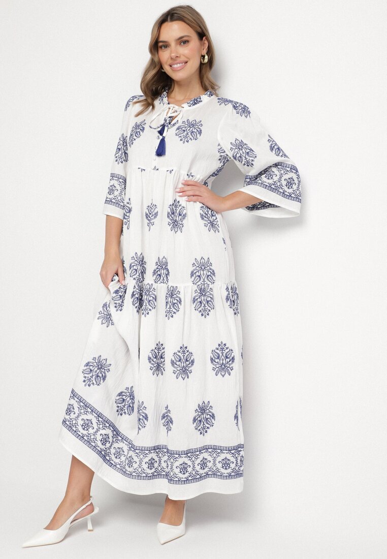 elsa.m by may Rochie Albă din Viscoză în Stil Boho cu Nod și Broderie Alinaria