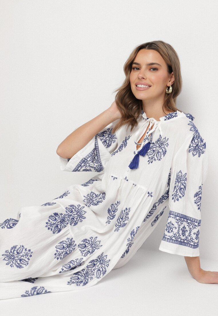 elsa.m by may Rochie Albă din Viscoză în Stil Boho cu Nod și Broderie Alinaria