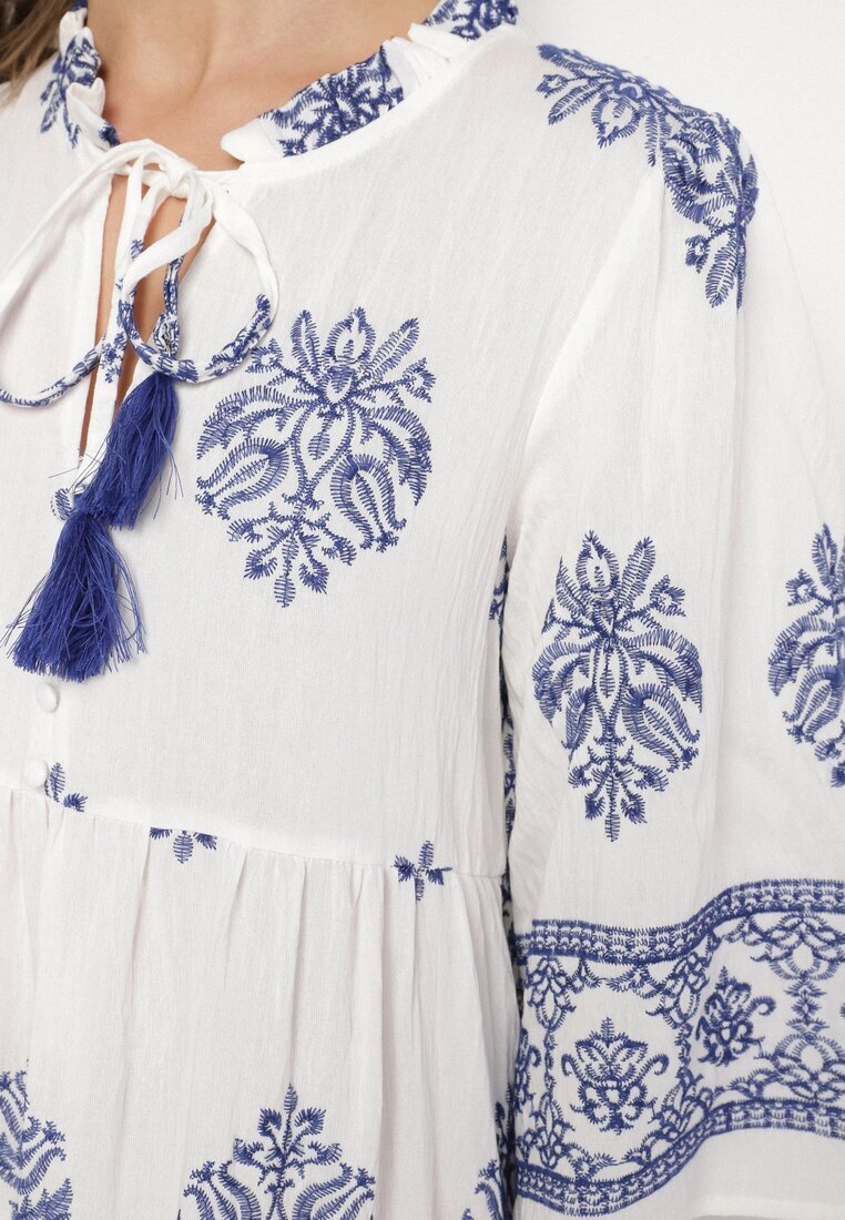 elsa.m by may Rochie Albă din Viscoză în Stil Boho cu Nod și Broderie Alinaria