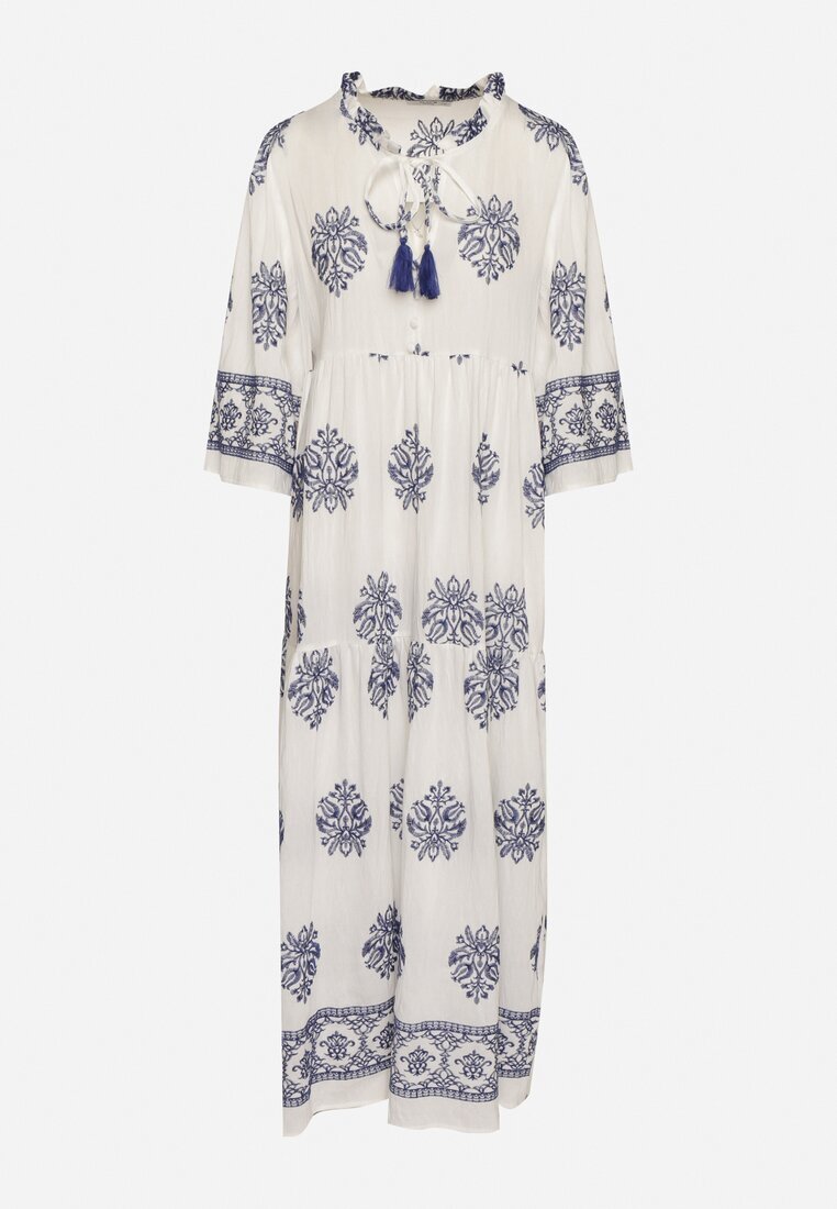 elsa.m by may Rochie Albă din Viscoză în Stil Boho cu Nod și Broderie Alinaria