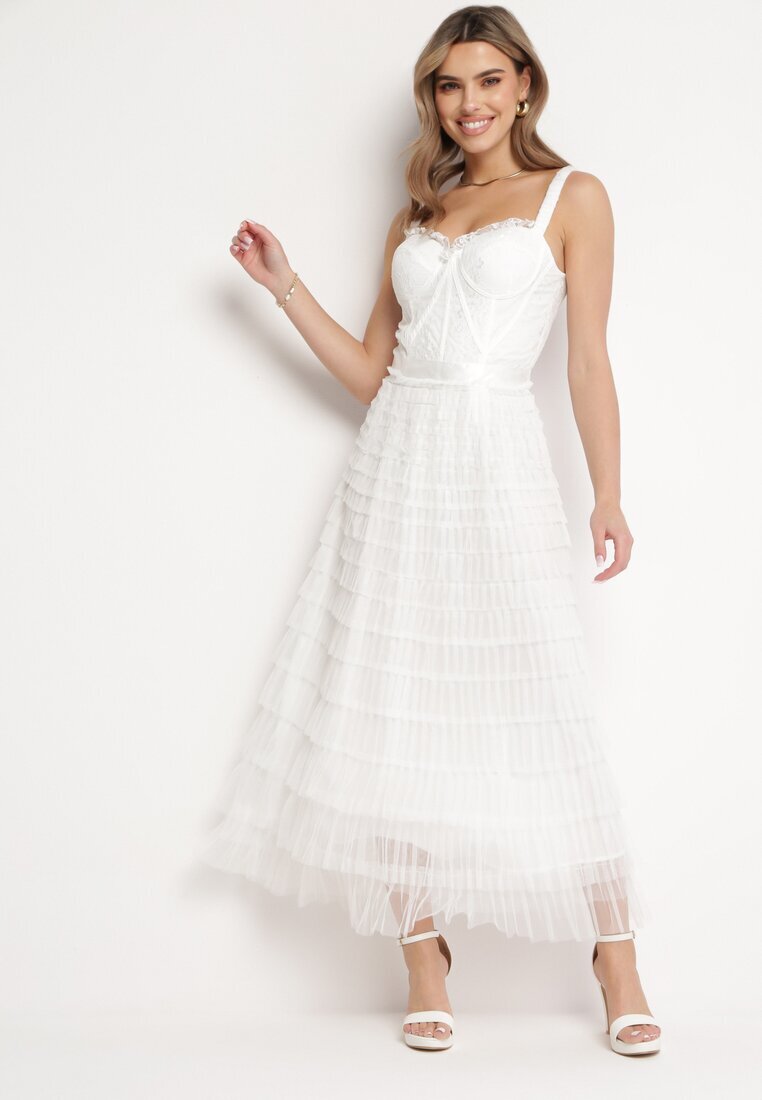 elsa.m by may Rochie Albă Maxi cu bretele cu corset și volane din tul Encartia