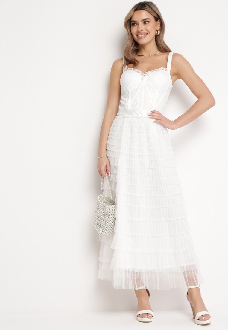 elsa.m by may Rochie Albă Maxi cu bretele cu corset și volane din tul Encartia