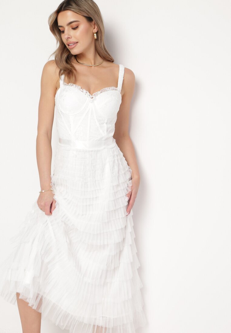 elsa.m by may Rochie Albă Maxi cu bretele cu corset și volane din tul Encartia