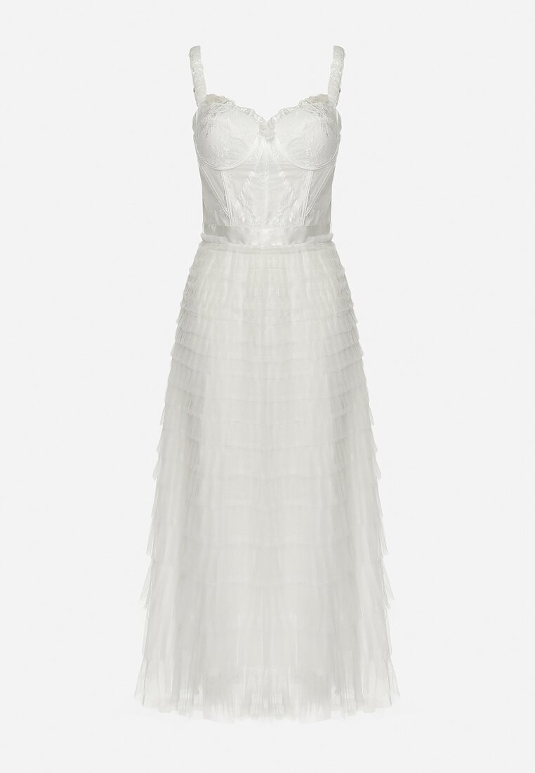 elsa.m by may Rochie Albă Maxi cu bretele cu corset și volane din tul Encartia