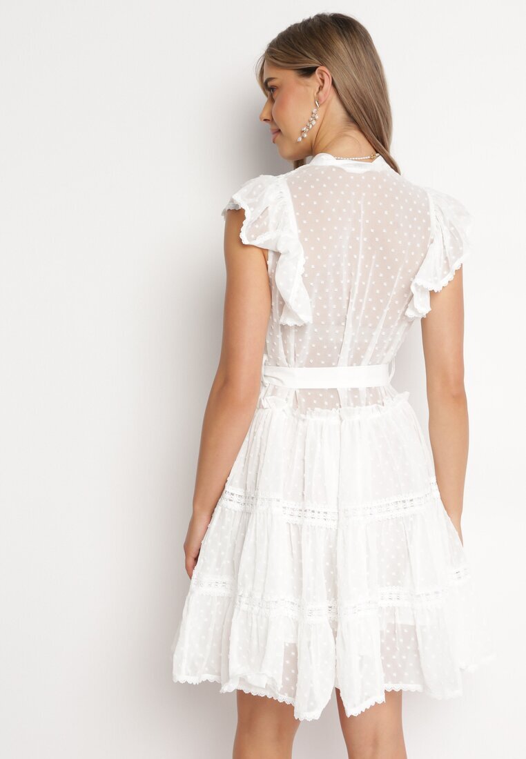 elsa.m by may Rochie Albă tip Cămașă Mini cu Volane și Centură Legată Divertire