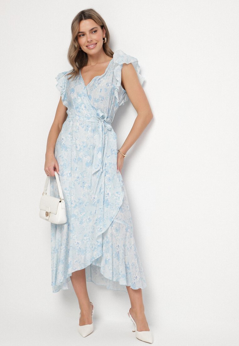 elsa.m by may Rochie Albastră de bumbac Asimetrică cu Volane cu Imprimeu Floral Jommea
