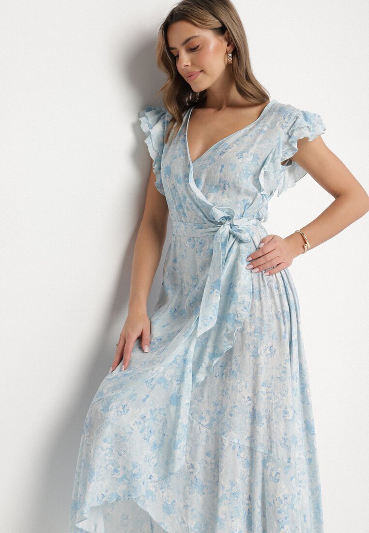 elsa.m by may Rochie Albastră de bumbac Asimetrică cu Volane cu Imprimeu Floral Jommea