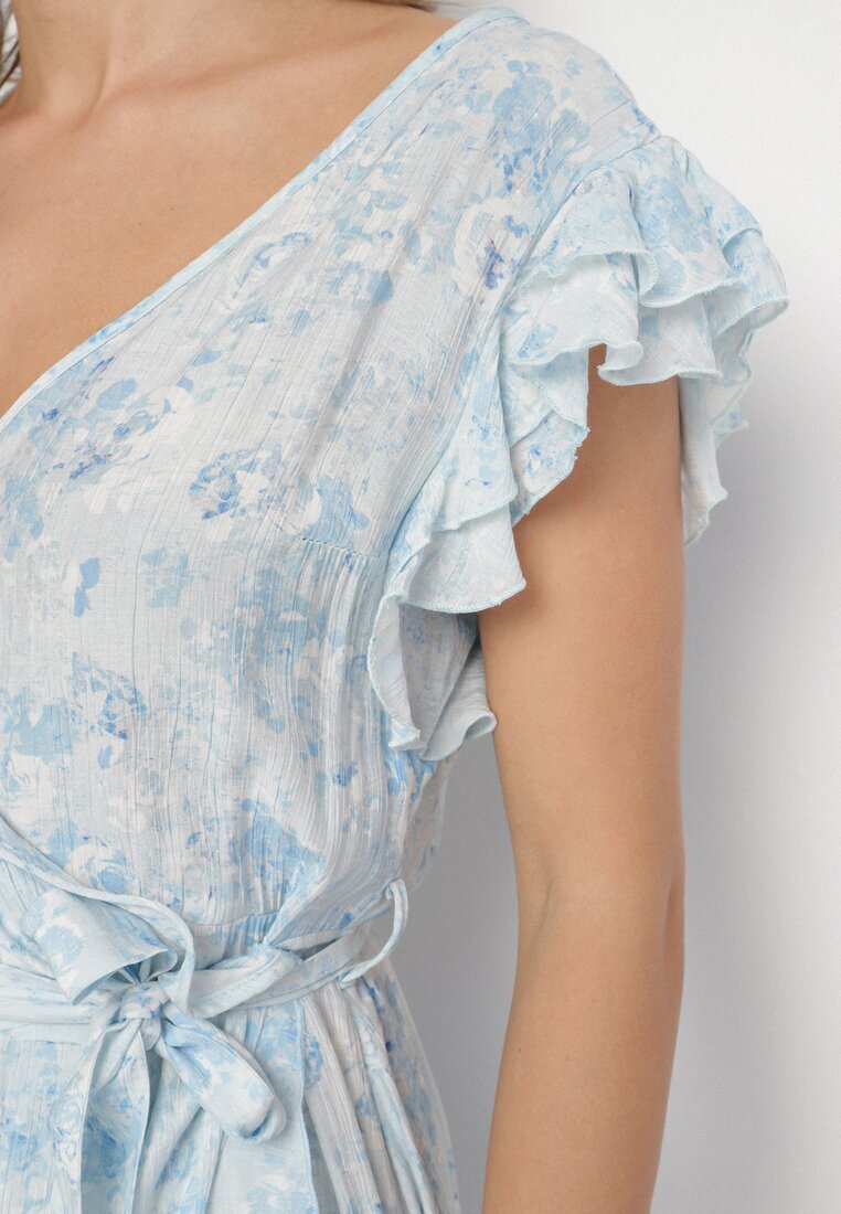 elsa.m by may Rochie Albastră de bumbac Asimetrică cu Volane cu Imprimeu Floral Jommea