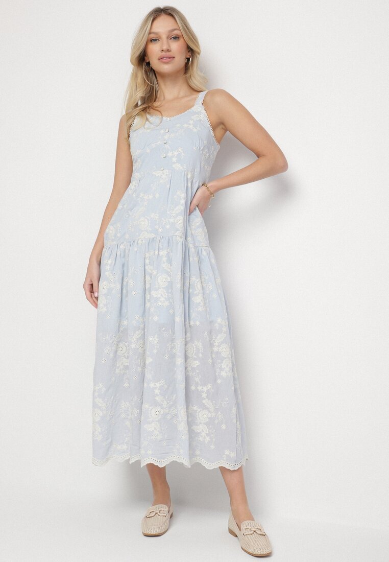 elsa.m by may Rochie Albastră din Viscoză și Bumbac cu Bretele în Stil Boho Florală cu Nasturi Eldexira