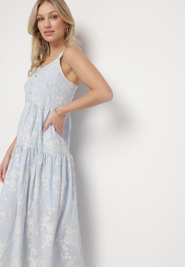 elsa.m by may Rochie Albastră din Viscoză și Bumbac cu Bretele în Stil Boho Florală cu Nasturi Eldexira