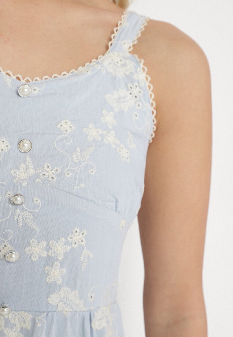 elsa.m by may Rochie Albastră din Viscoză și Bumbac cu Bretele în Stil Boho Florală cu Nasturi Eldexira