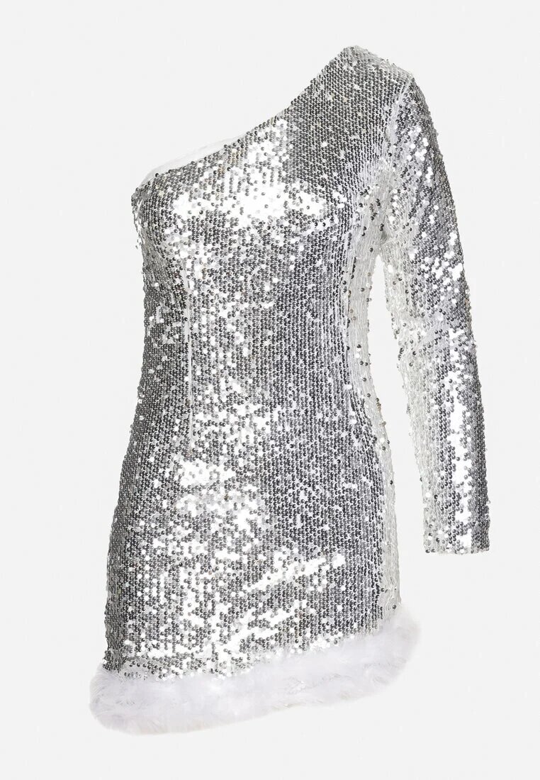 elsa.m by may Rochie Asimetrică Argintie cu croială mulată cu paiete și pene Senathira