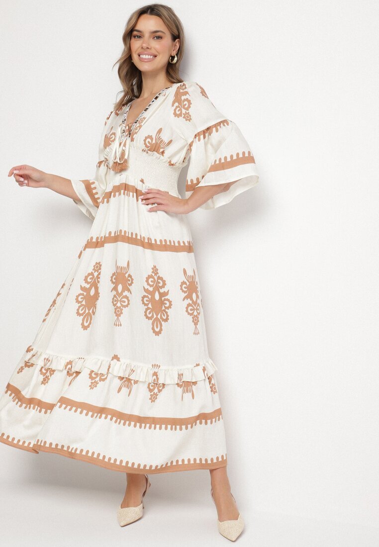 elsa.m by may Rochie Bej Boho cu Vâscoză cu Model Etnic cu Elastic Lat în Talie Efanielis