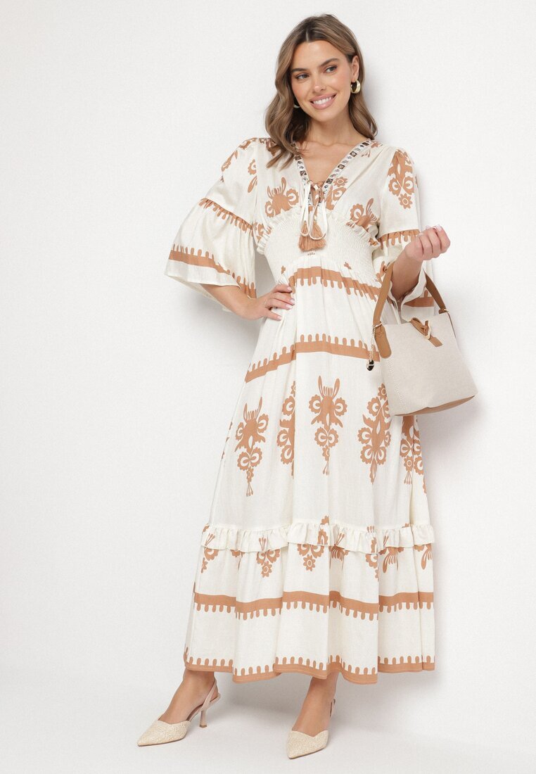 elsa.m by may Rochie Bej Boho cu Vâscoză cu Model Etnic cu Elastic Lat în Talie Efanielis