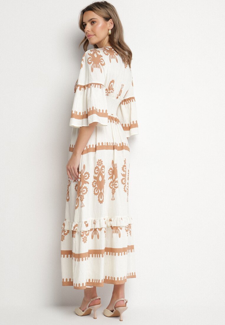 elsa.m by may Rochie Bej Boho cu Vâscoză cu Model Etnic cu Elastic Lat în Talie Efanielis