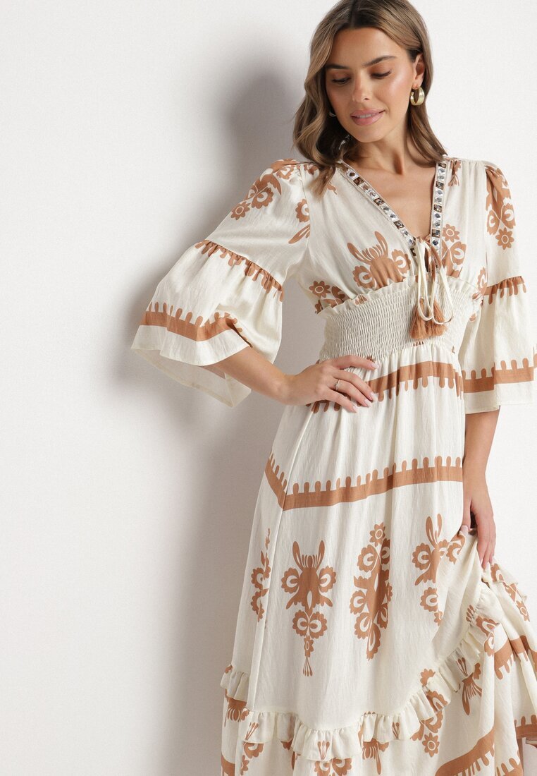 elsa.m by may Rochie Bej Boho cu Vâscoză cu Model Etnic cu Elastic Lat în Talie Efanielis