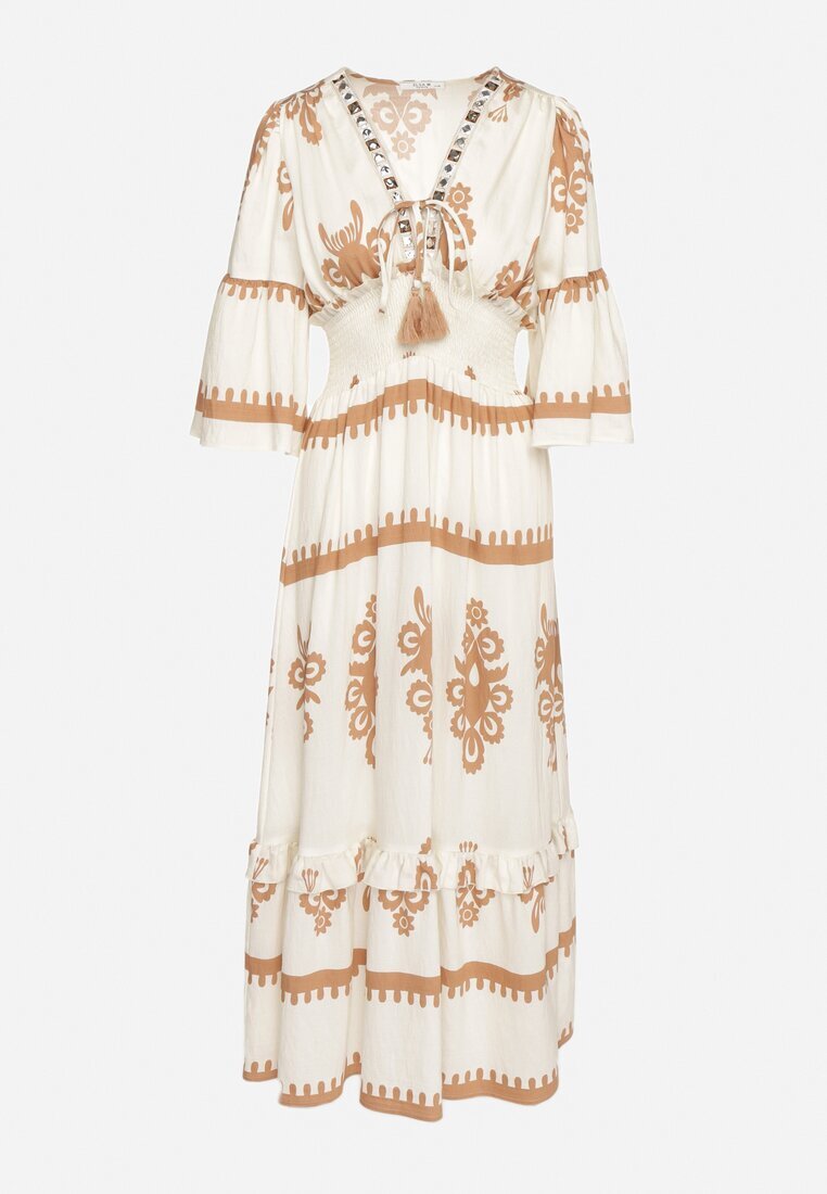 elsa.m by may Rochie Bej Boho cu Vâscoză cu Model Etnic cu Elastic Lat în Talie Efanielis