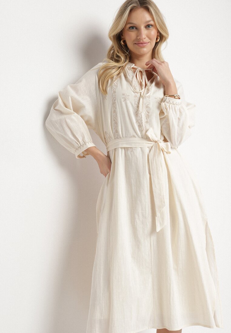 elsa.m by may Rochie bej de bumbac Boho cu broderie și curea legată Gonisea