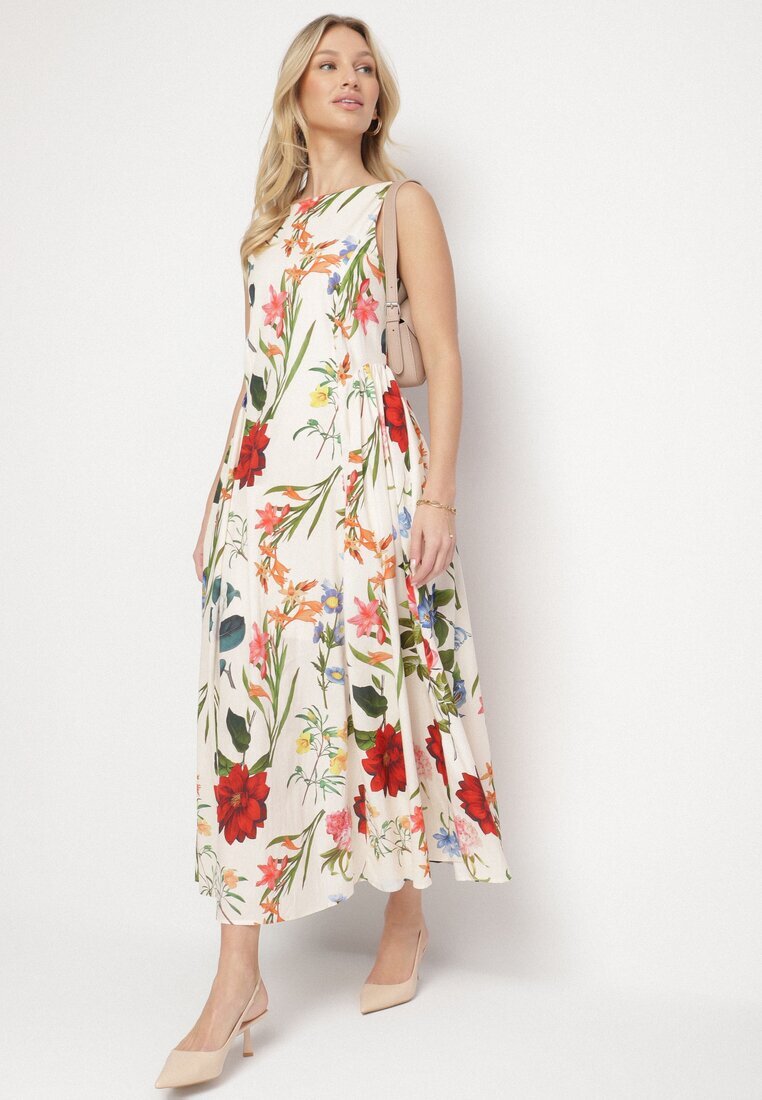 elsa.m by may Rochie Bej de Bumbac cu Croială Cloș cu Imprimeu Floral Iladris