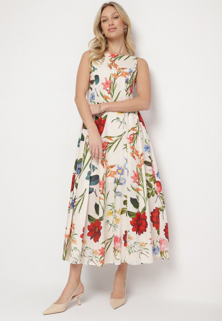 elsa.m by may Rochie Bej de Bumbac cu Croială Cloș cu Imprimeu Floral Iladris