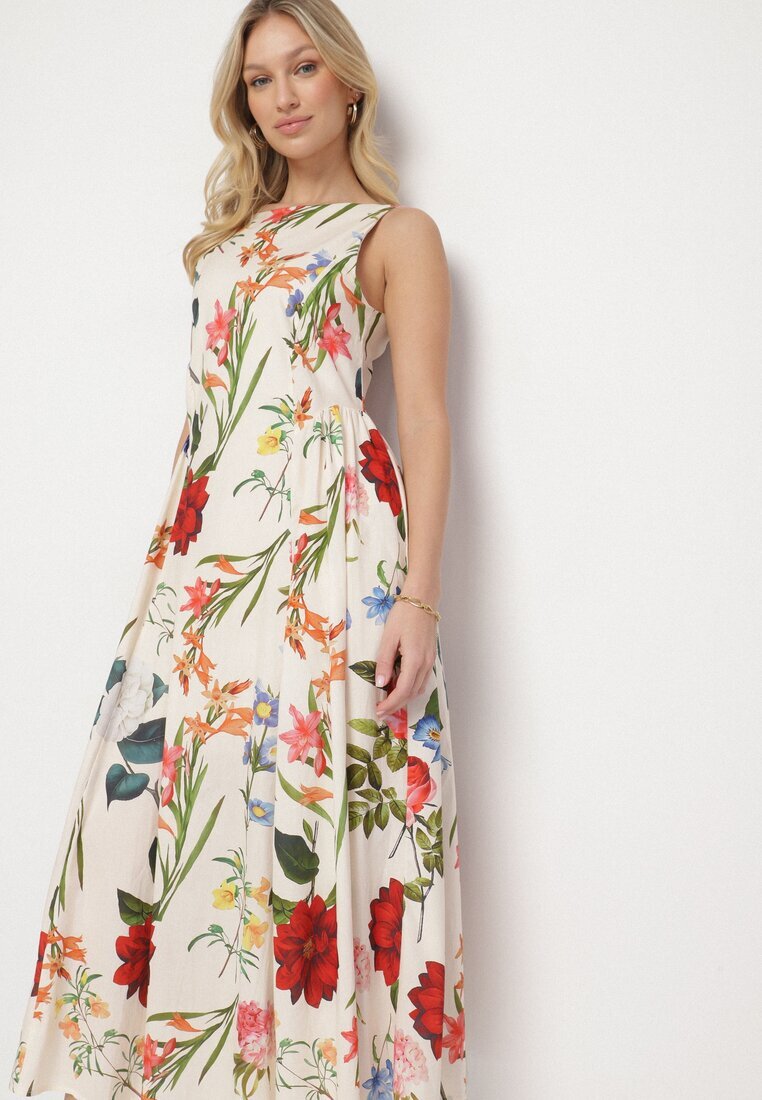 elsa.m by may Rochie Bej de Bumbac cu Croială Cloș cu Imprimeu Floral Iladris