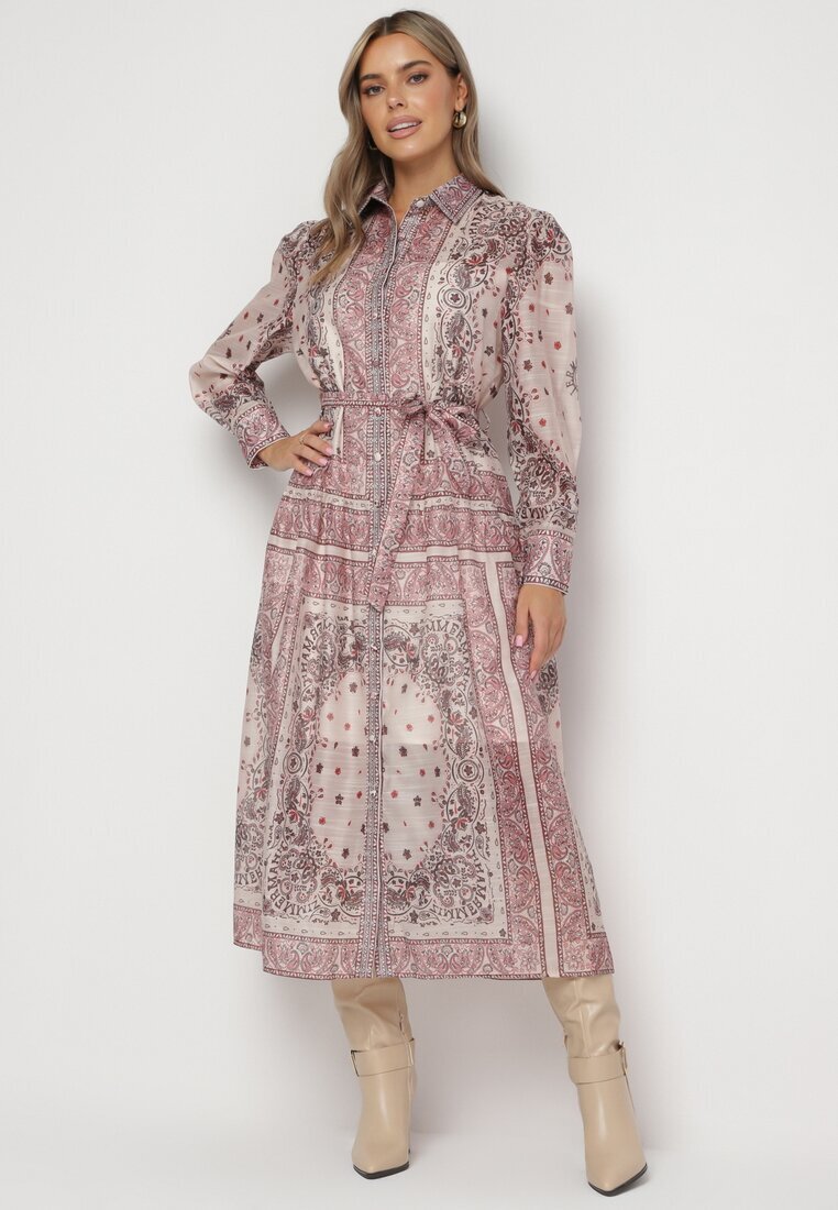 elsa.m by may Rochie bej evazată stil cămașă cu adaos de bumbac și curea Merilisse