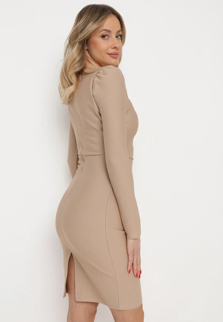 elsa.m by may Rochie Bej închis Mulată cu Perle și Mâneci Lungi Juhisa