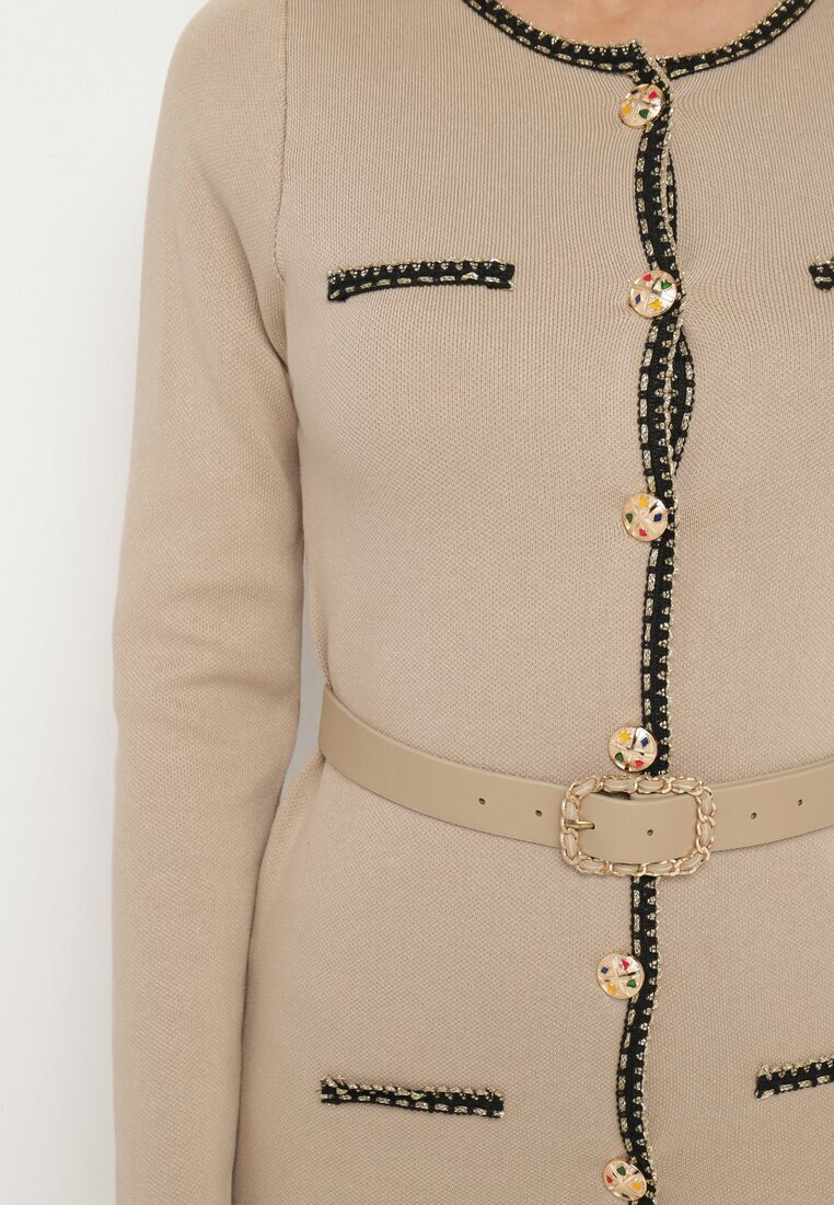 elsa.m by may Rochie Bej Tricotată cu viscoză Decorată cu inserții metalice și curea Caledi