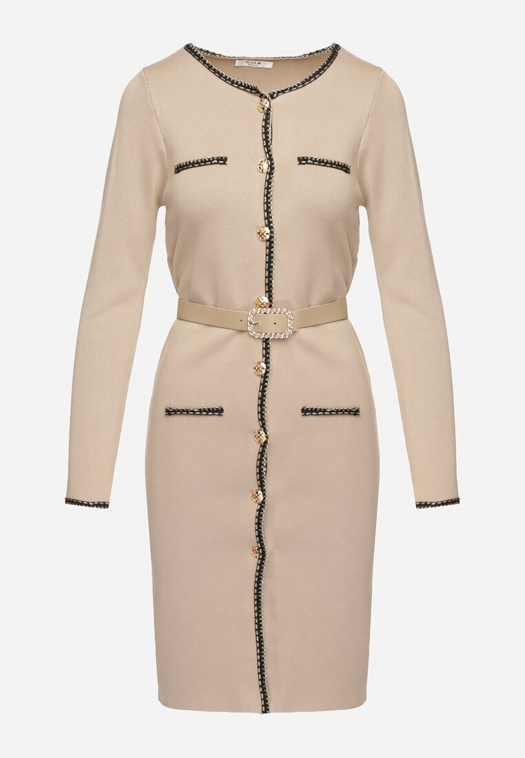 elsa.m by may Rochie Bej Tricotată cu viscoză Decorată cu inserții metalice și curea Caledi
