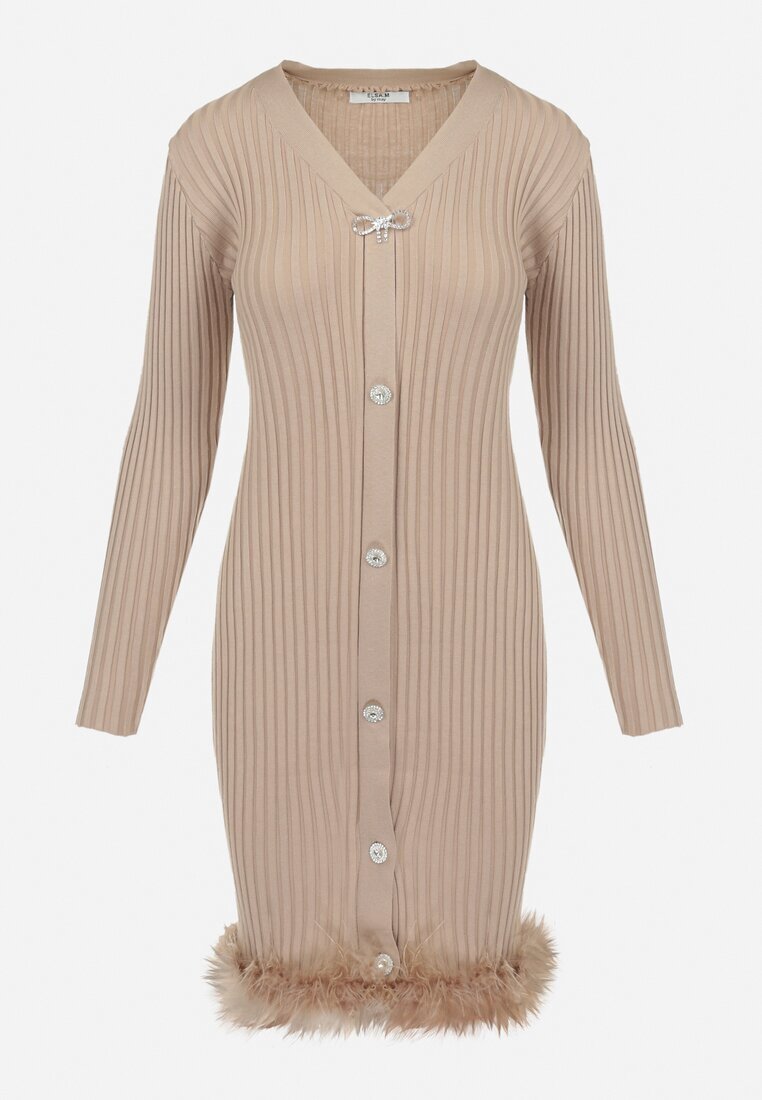 elsa.m by may Rochie Bejă din Tricot Reiat cu Pene Marpesia