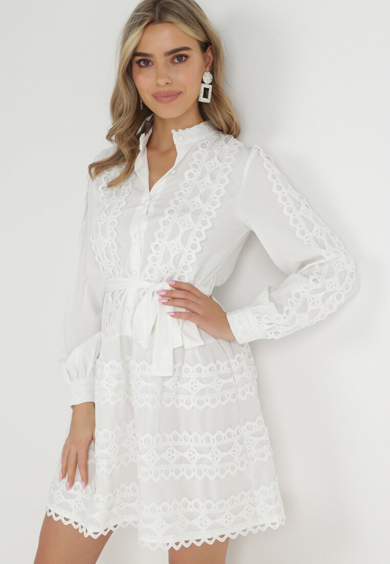elsa.m by may Rochie Cămașă Albă cu curea legată și benzi ajurate Dimi
