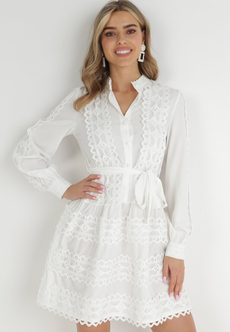 elsa.m by may Rochie Cămașă Albă cu curea legată și benzi ajurate Dimi