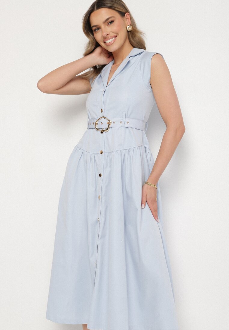 elsa.m by may Rochie Cămașă Albastră Decorată cu Curea Devikka