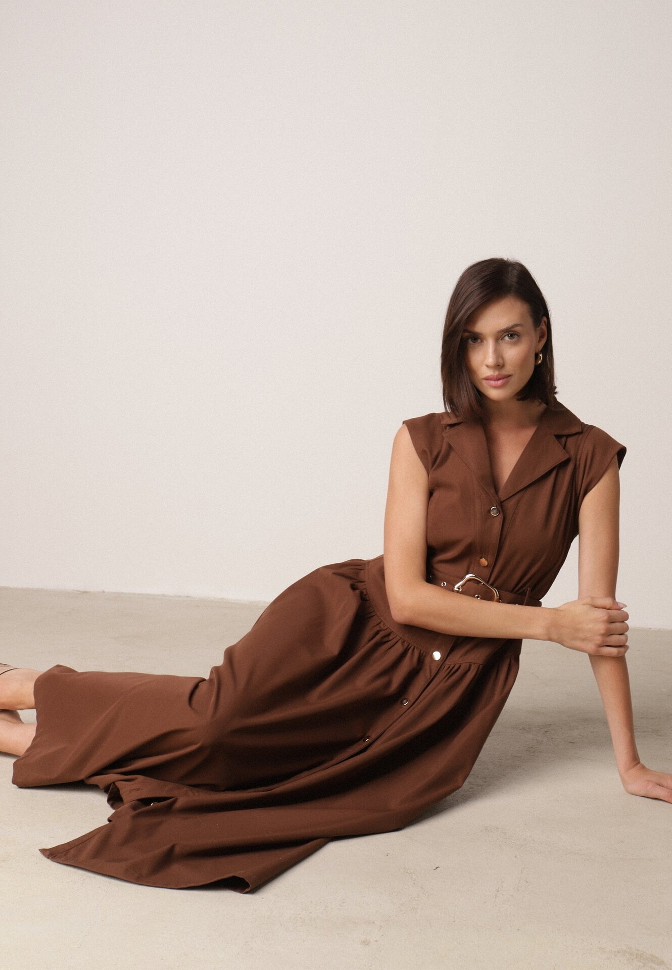 elsa.m by may Rochie Cămașă Maro Fără Mâneci Decorată cu curea cu Cataramă Phalixia