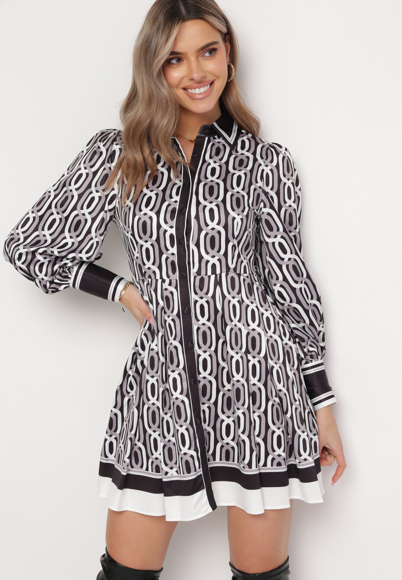 elsa.m by may Rochie Cămașă Mini Alb-Negru cu croială cloș cu curea Amburia