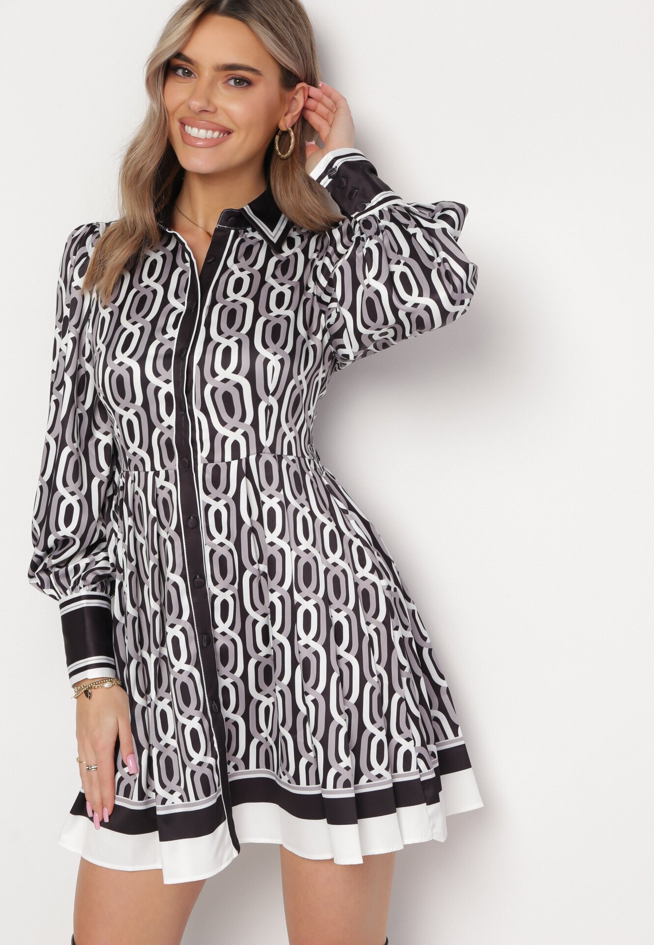 elsa.m by may Rochie Cămașă Mini Alb-Negru cu croială cloș cu curea Amburia