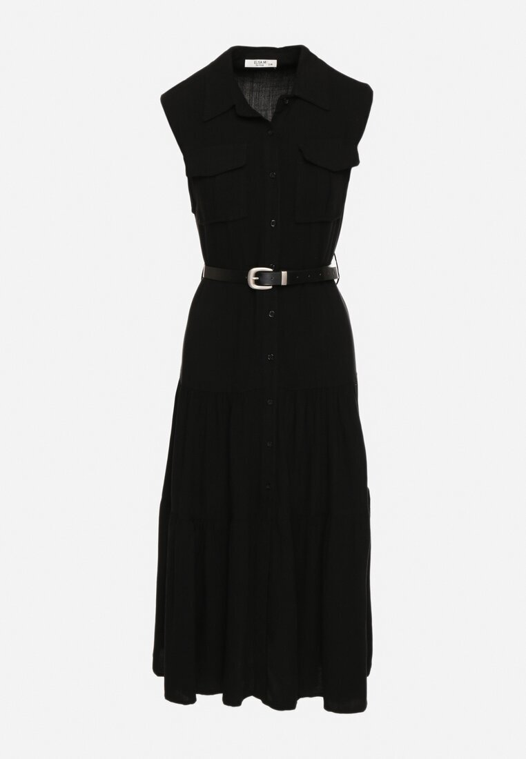 elsa.m by may Rochie cămașă Neagră din Viscoză cu Bumbac Ornată cu curea Rivebia