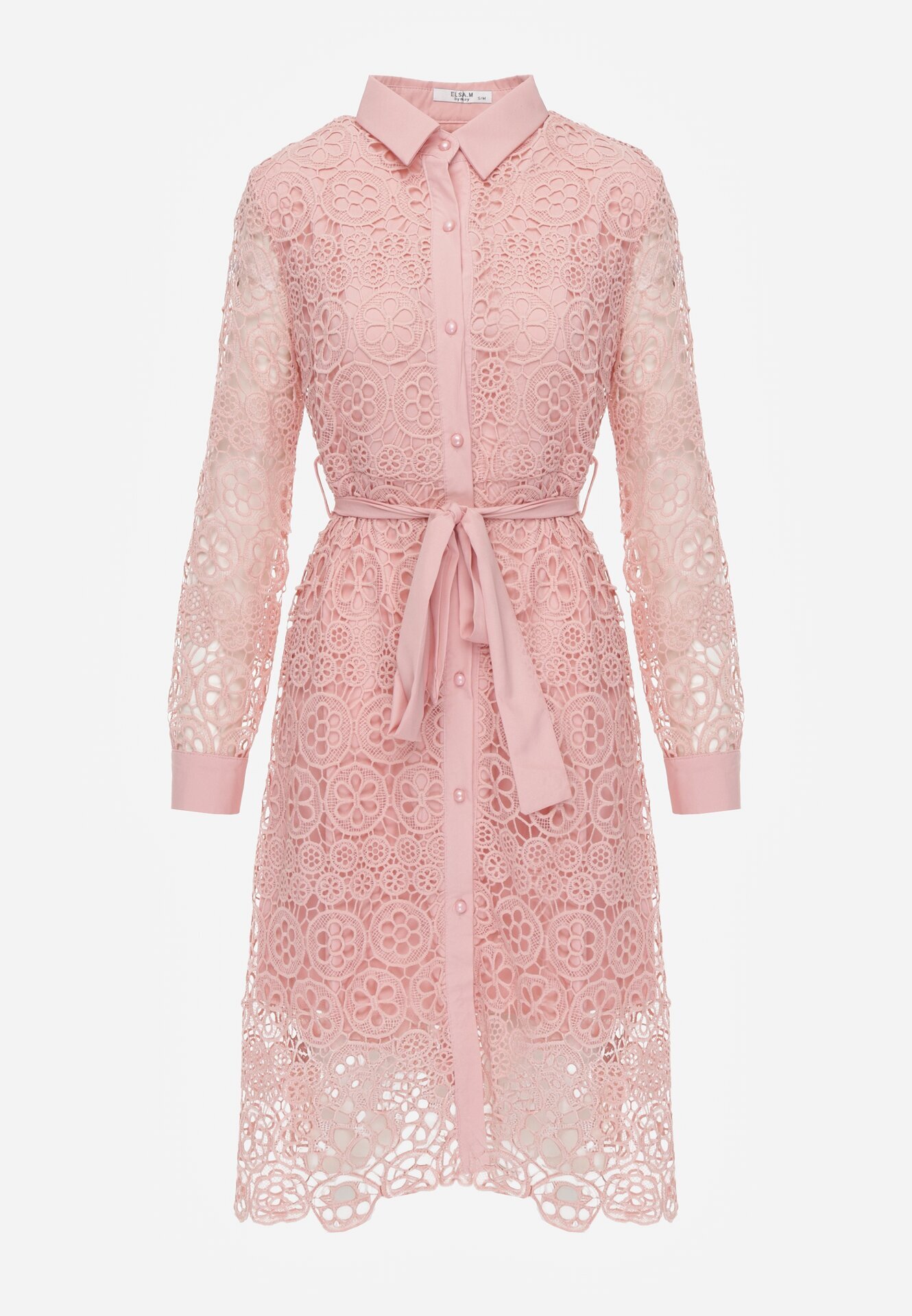 elsa.m by may Rochie Cloș Cămăișă Roz Midi cu curea și dantelă decorativă și nasturi Casuva