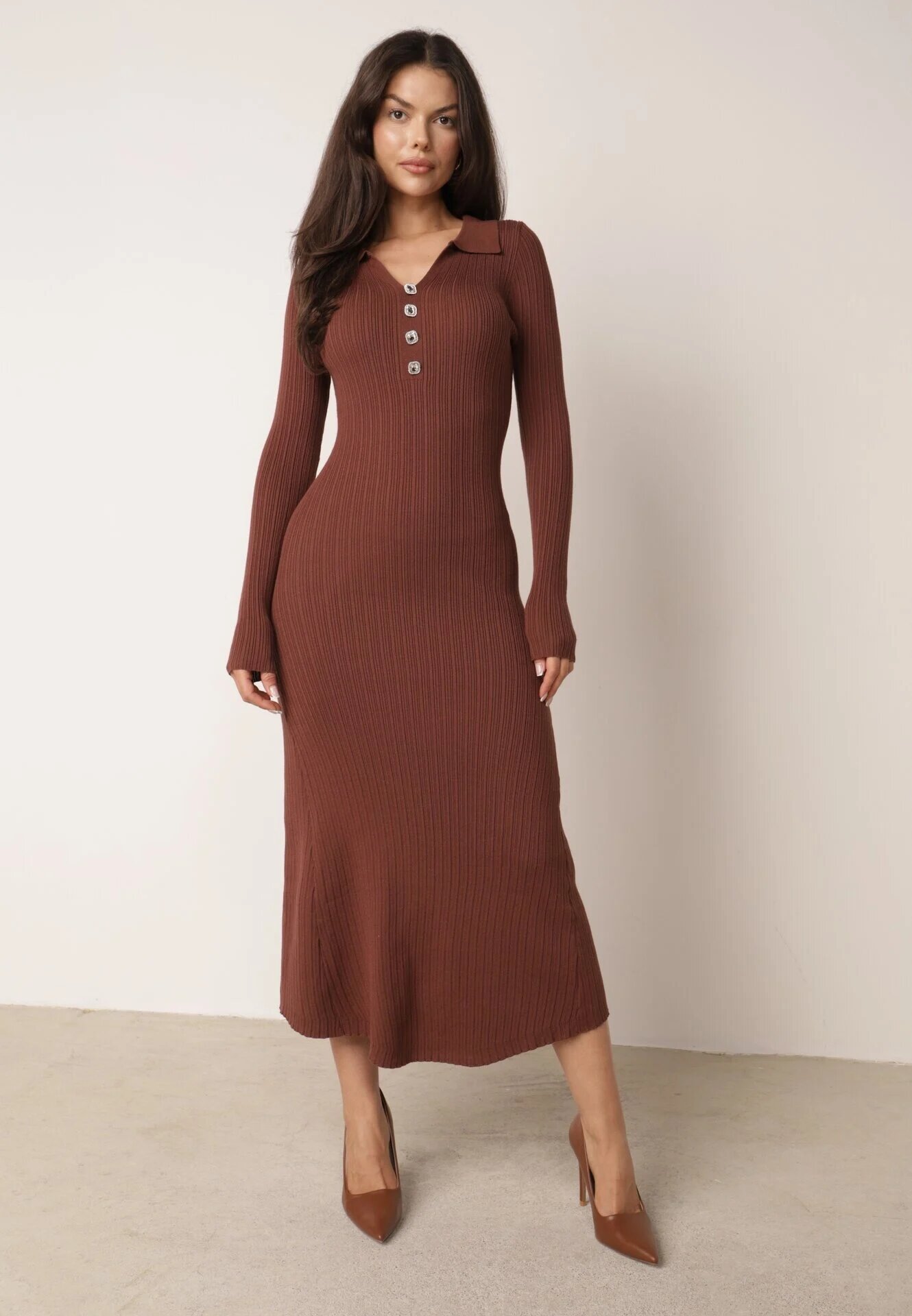 elsa.m by may Rochie cu model în dungi din tricot de viscoză cu guler și nasturi Juith Maro