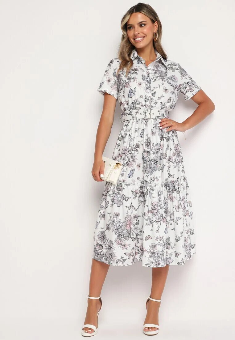 elsa.m by may Rochie de cocktail Alb-Gri florală cu elastic în talie și curea decorativă Vimaretta