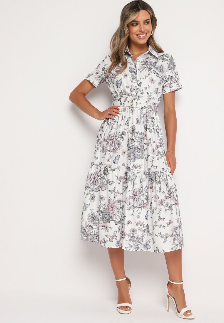 elsa.m by may Rochie de cocktail Alb-Gri florală cu elastic în talie și curea decorativă Vimaretta
