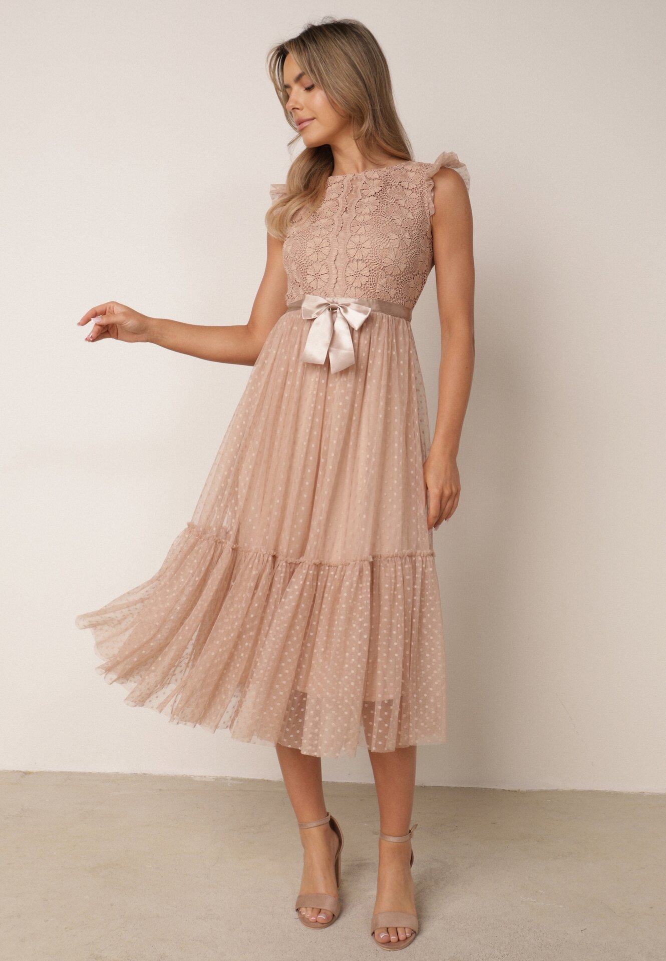 elsa.m by may Rochie de cocktail Bej cu bust din dantelă și fustă din tul Sleda