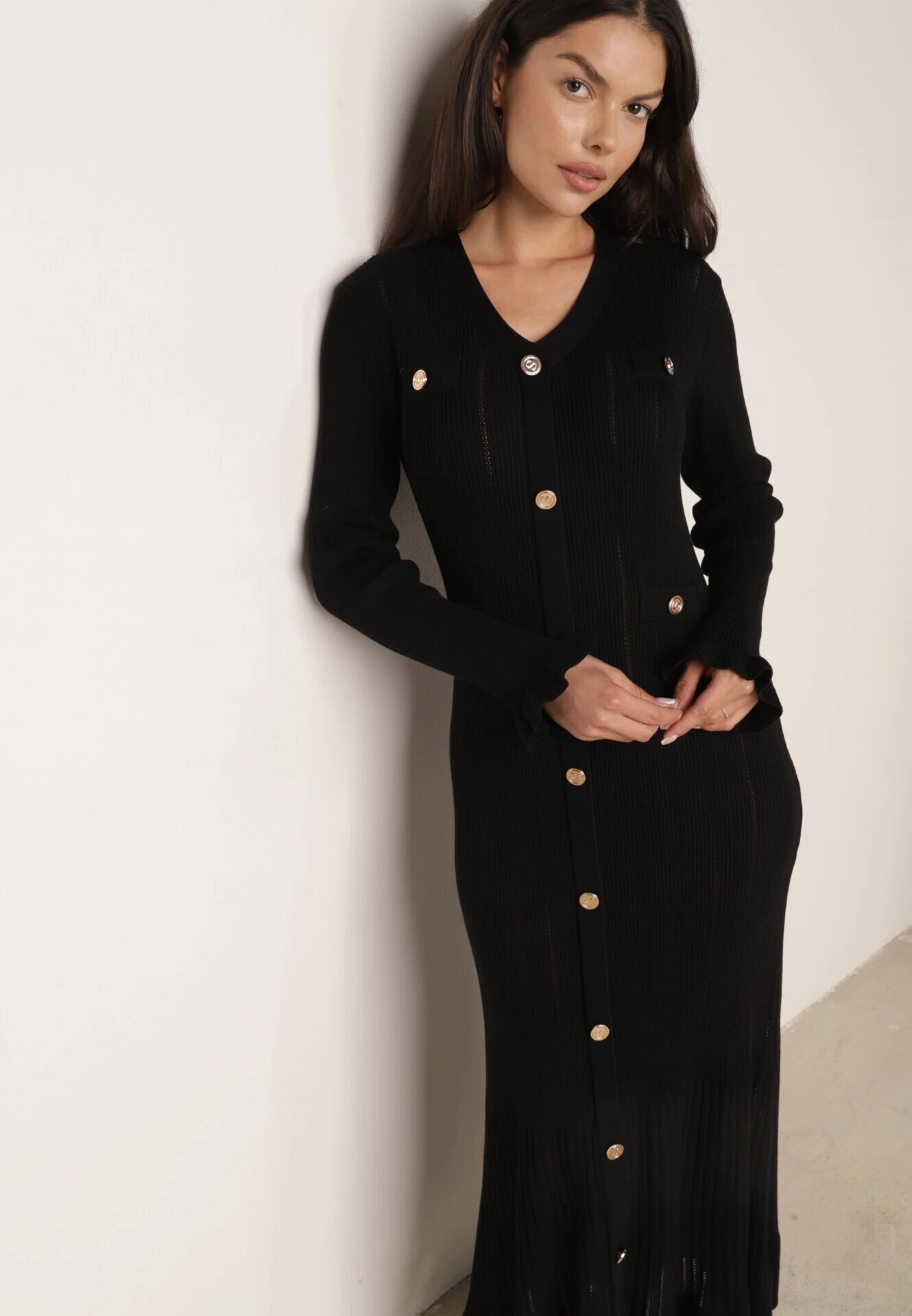 elsa.m by may Rochie din tricot asortată din vâscoză cu volane și nasturi Ivry Neagră