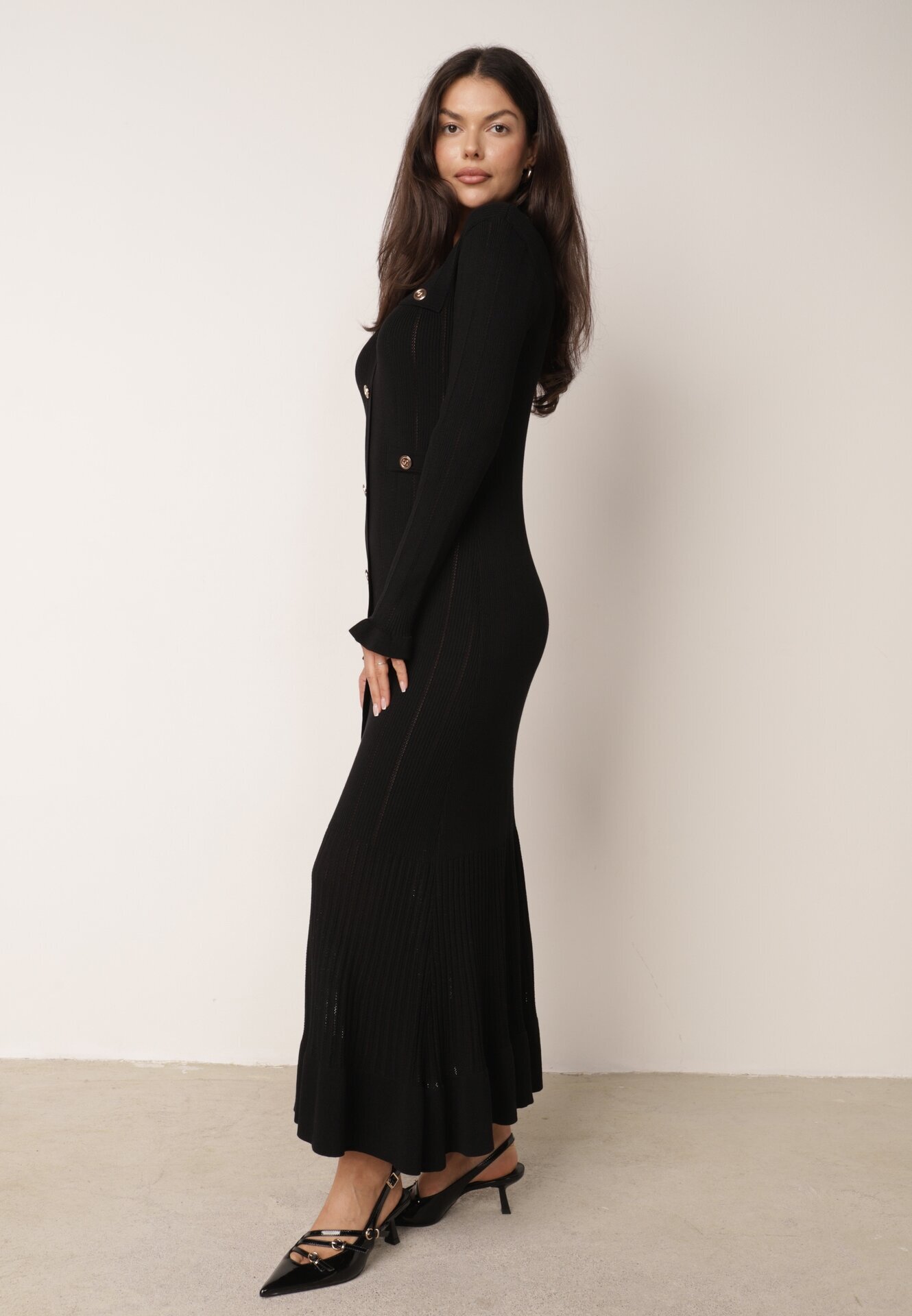 elsa.m by may Rochie din tricot asortată din vâscoză cu volane și nasturi Ivry Neagră