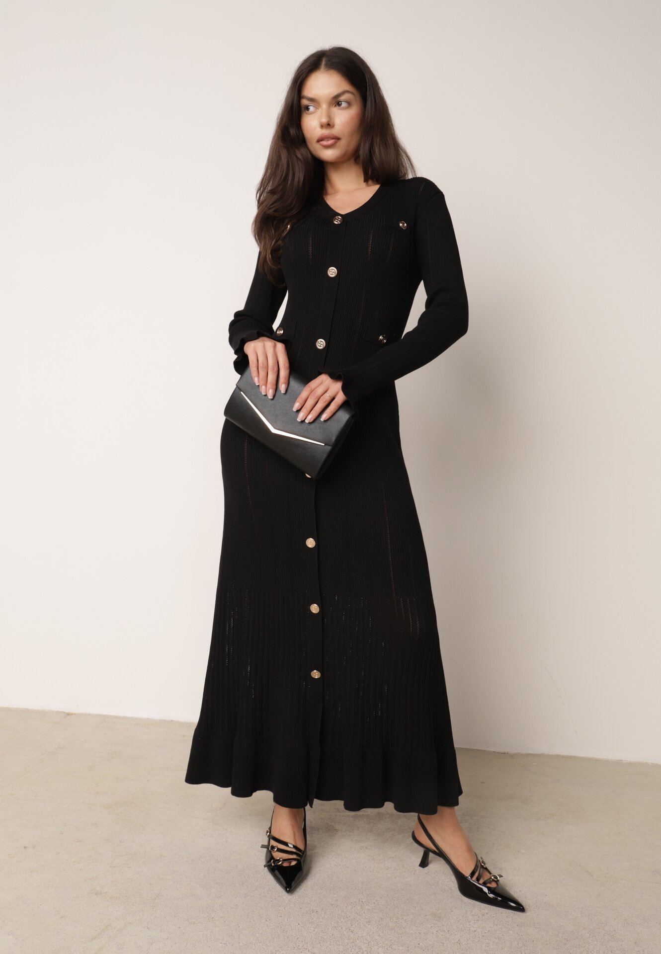 elsa.m by may Rochie din tricot asortată din vâscoză cu volane și nasturi Ivry Neagră
