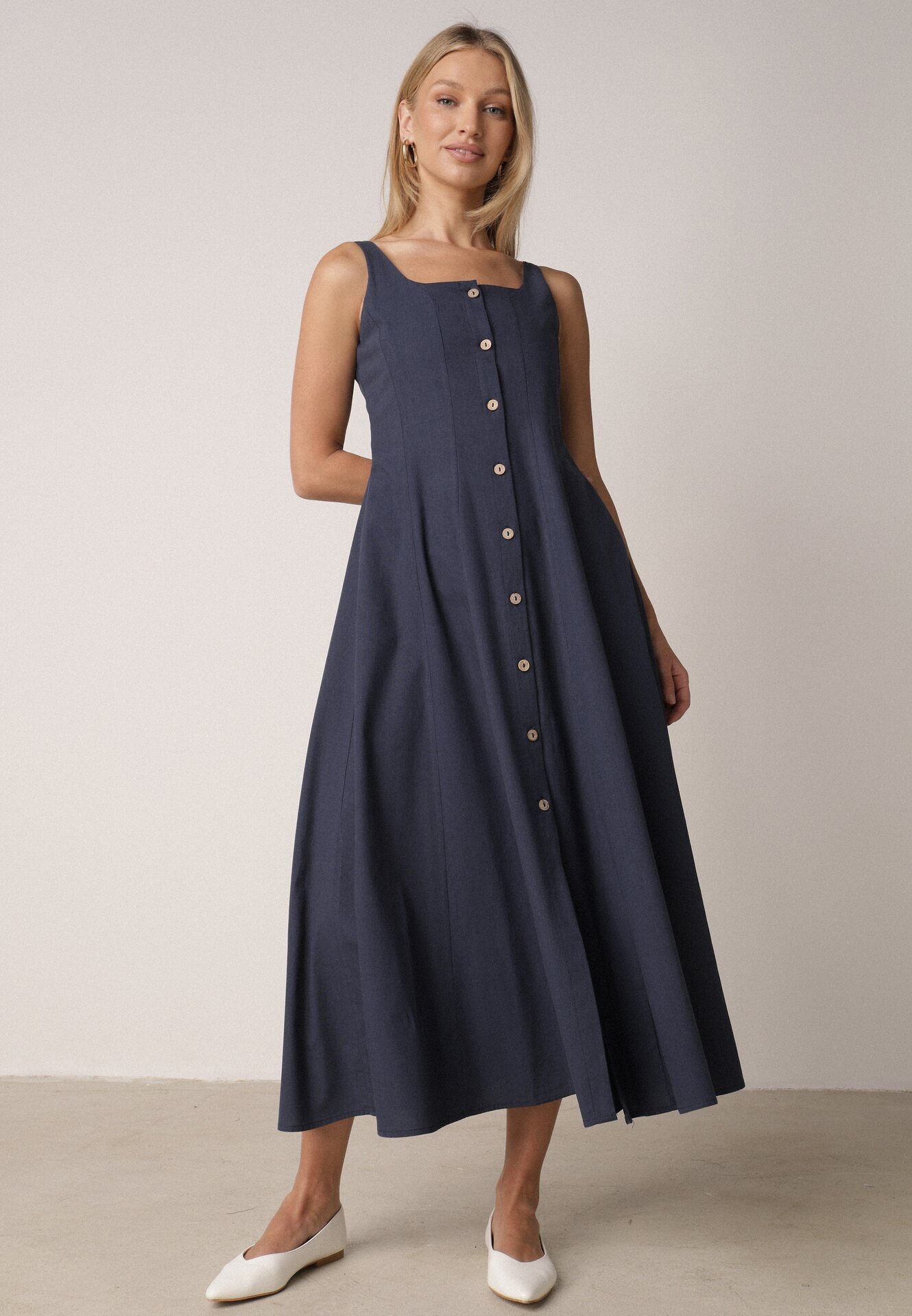 elsa.m by may Rochie Evazată Bleumarin cu bumbac vâscoză și nasturi Appeia